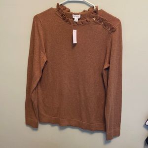 Camel color crew neck sweater with gold buttons and ruffles